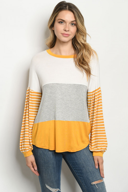 C99-A-1-T6348 IVORY MUSTARD STRIPES TOP 2-2-1