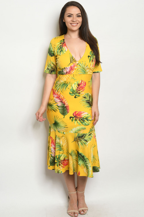 C22-A-3-D916DX YELLOW WITH LEAVES PLUS SIZE DRESS 2-2-2