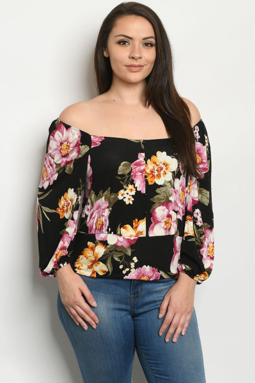 C28-B-3-T953TX BLACK FLORAL PLUS SIZE TOP 2-2-2