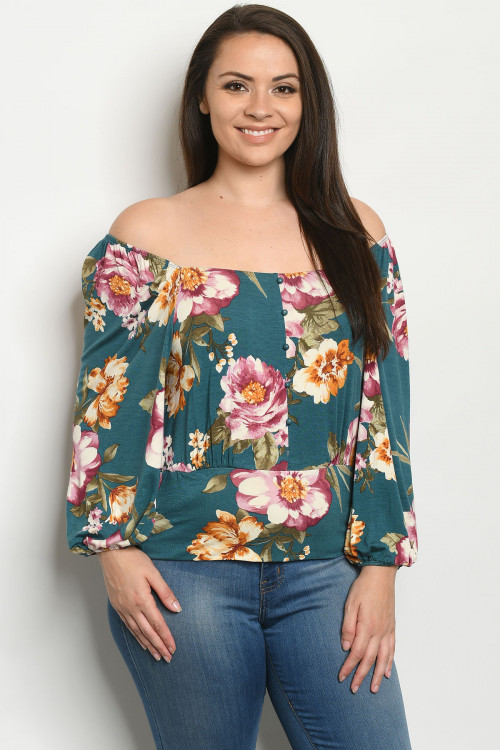 C28-B-3-T953TX TEAL FLORAL PLUS SIZE TOP 2-2-2