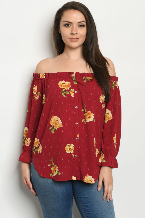 S19-5-2-T8925X BURGUNDY FLORAL PLUS SIZE TOP 2-2-2