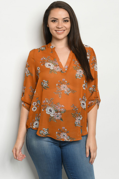 S22-10-1-TZB5486X RUST FLORAL PLUS SIZE TOP 3-2-2