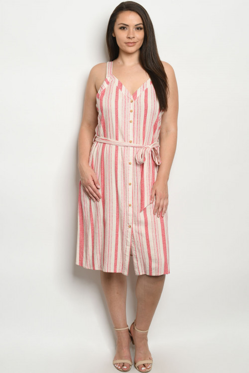 S21-7-1-DZB10139FX CREAM RED STRIPES PLUS SIZE DRESS 2-2-2