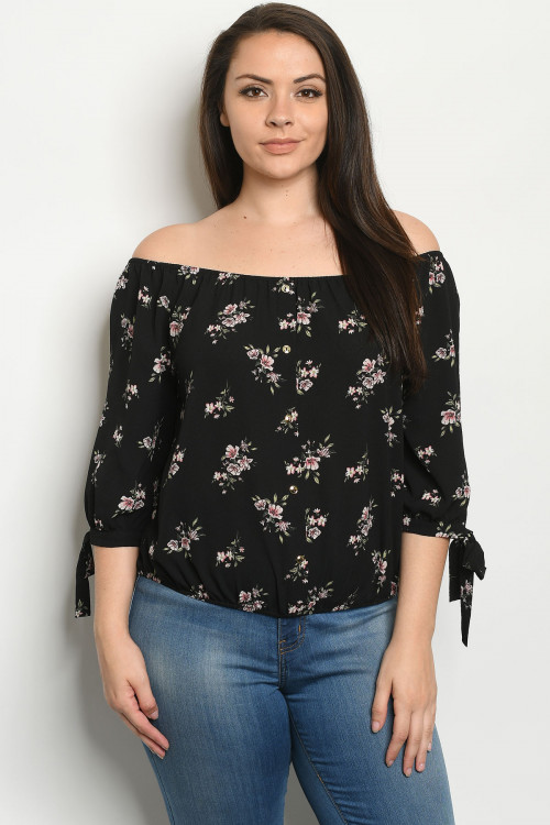 S22-7-1-T9244X BLACK FLORAL PLUS SIZE TOP 2-2-2