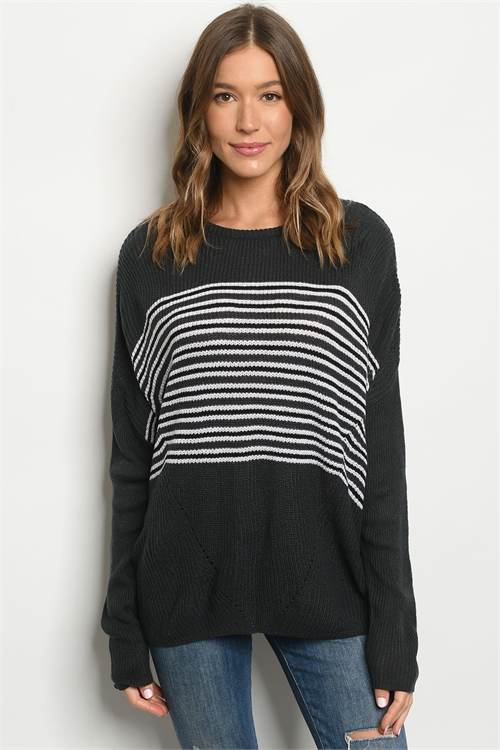 S14-10-3-S1735 DARK GREEN STRIPES SWEATER 4-3