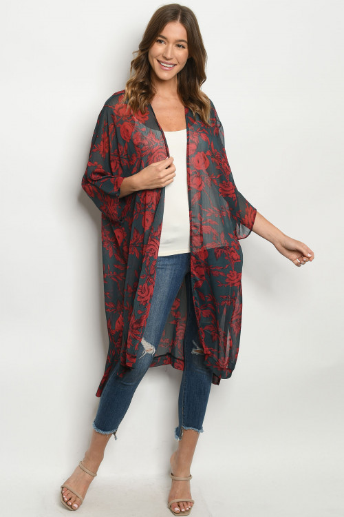 C52-A-1-C4553 CHARCOAL RED PRINT KIMONO 3-2-1