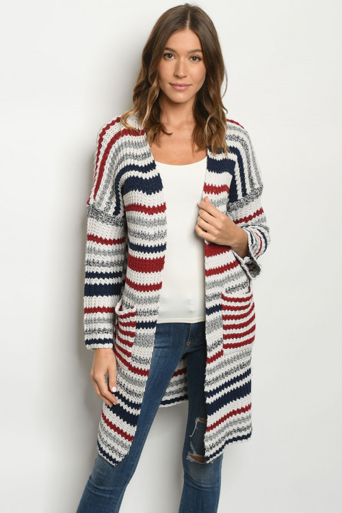 S19-9-6-C3003 WHITE NAVY BURGUNDY CARDIGAN / 6PCS