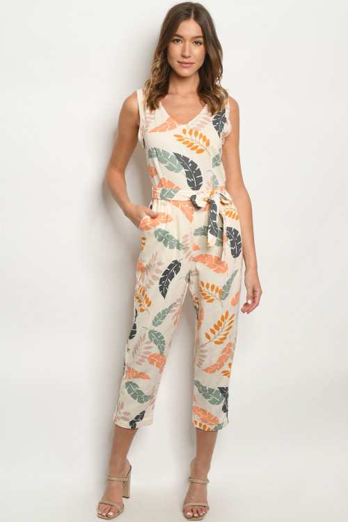 S15-1-2-J6863 CREAM WITH LEAVES JUMPSUIT 3-2-1