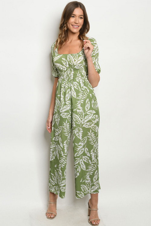 S15-2-2-J21466 GREEN WHITE WITH LEAVES JUMPSUIT 3-2-1