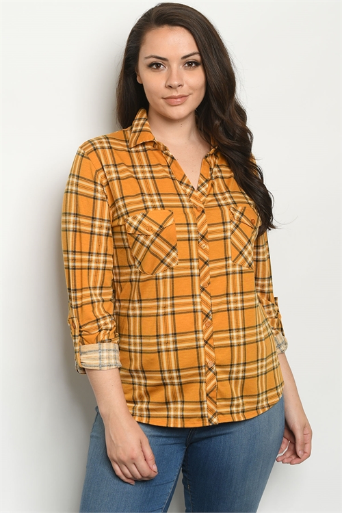 S25-8-2-T9873X MUSTARD CHECKERED PLUS SIZE TOP 2-2-2