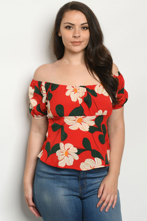 S10-19-2-T1860X RED WITH FLOWER PLUS SIZE TOP 2-2-2