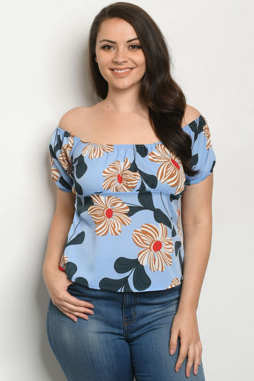 S12-9-2-T1860X BLUE WITH FLOWER PLUS SIZE TOP 2-2-2