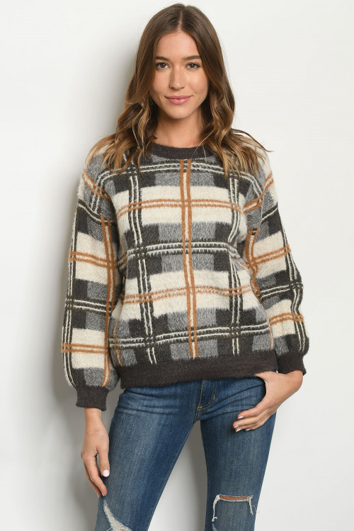 S23-7-2-S11434 BROWN CHECKERED SWEATER 3-2