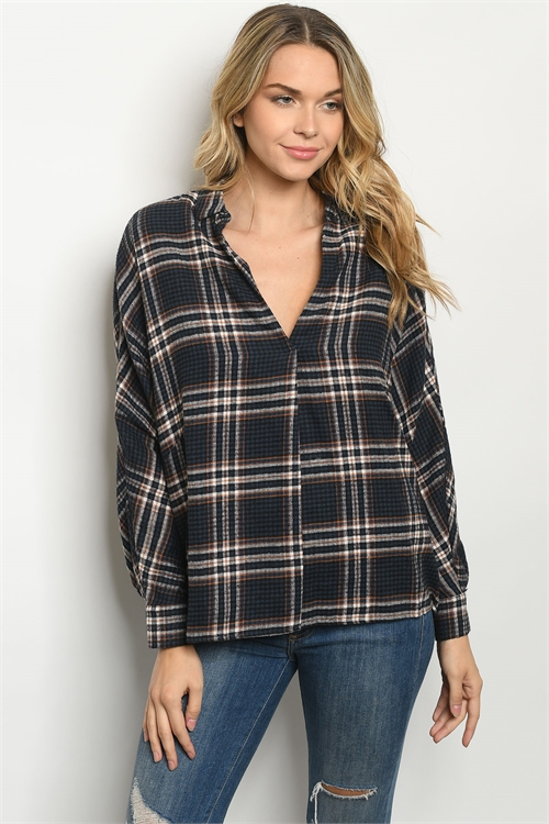 S18-4-1-T14067 NAVY RUST CHECKERED TOP 3-2-1