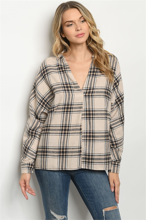 S22-10-2-T14067 TAUPE NAVY CHECKERED TOP 3-2-1