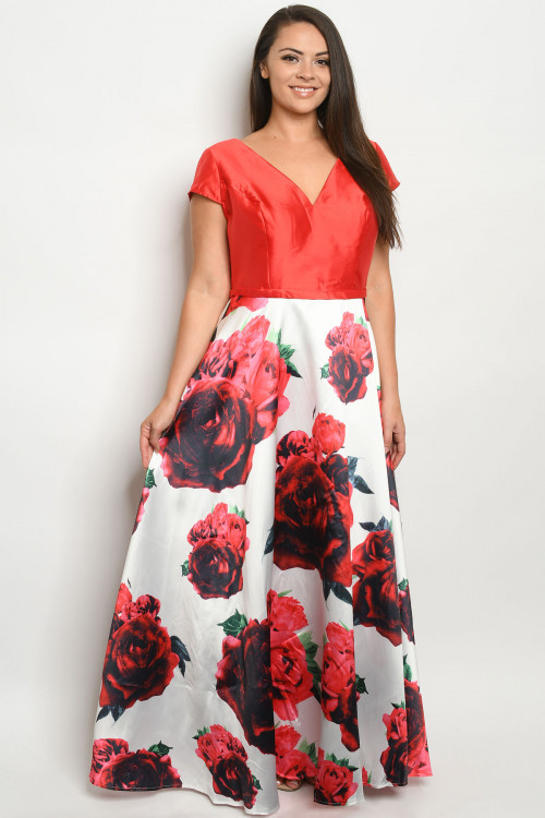 S11-19-1-D26312X RED FLORAL PLUS SIZE DRESS 3-2-1