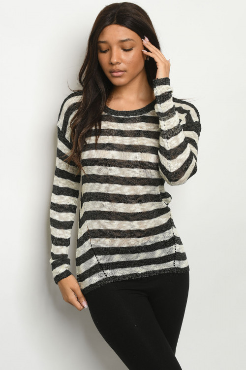 S21-12-3-S2379 BLACK IVORY STRIPES SWEATER 1-3