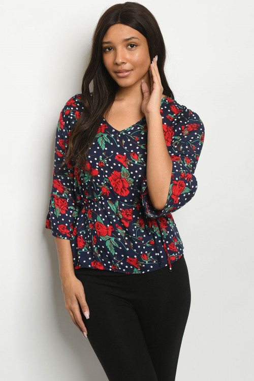 S19-7-2-T2685 NAVY WITH FLOWERS TOP 2-2-2