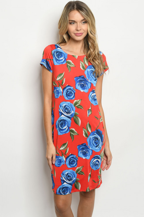 C12-A-1-D5066C RED ROYAL WITH ROSES PRINT DRESS 2-2-2