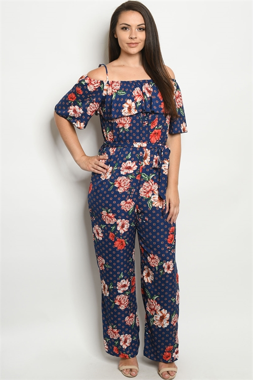 C57-A-1-J2251X NAVY FLORAL PLUS SIZE JUMPSUIT 1-1-2