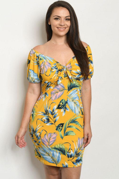 C10-A-3-D2383X MUSTARD WITH LEAVES PLUS SIZE DRESS 2-2-2
