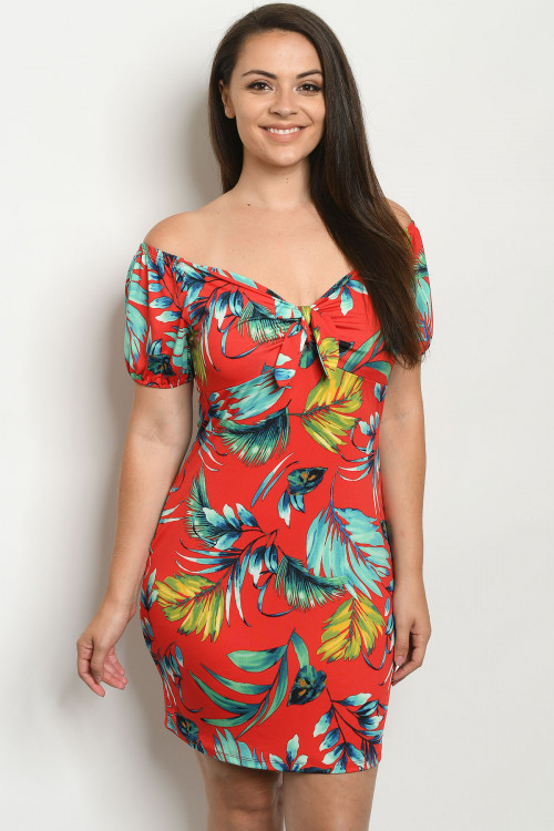 C14-A-2-D2383X RED WITH LEAVES PLUS SIZE DRESS 2-2-2