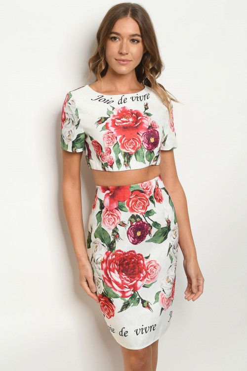 S19-11-3-SET8255 IVORY WITH ROSES PRINT TOP & SKIRT SET 3-2-1