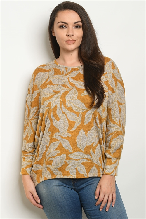 C12-A-2-T1493X MUSTARD WITH LEAVES PRINT PLUS SIZE TOP 2-2-2