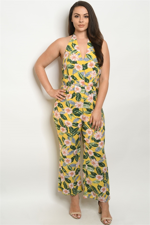 S18-9-1-J59764X YELLOW WITH FLOWER PLUS SIZE JUMPSUIT 2-1-2