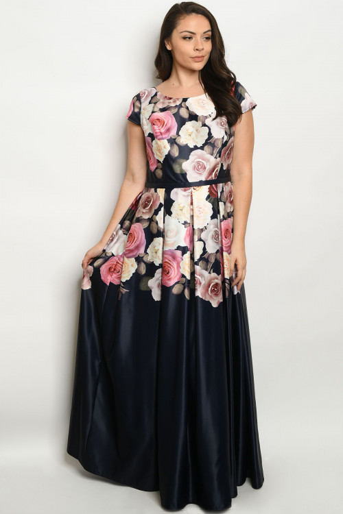 S4-8-1-D26358X NAVY WITH ROSES PLUS SIZE DRESS 3-2-1