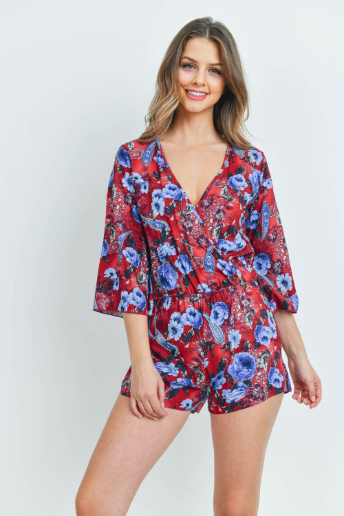 C30-A-1-R3823 BURGUNDY WITH FLOWERS ROMPER 2-2-2