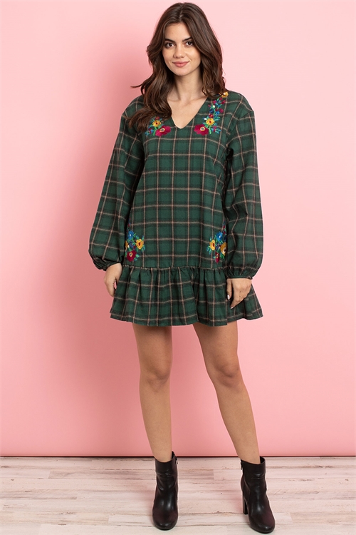S16-10-2-D42481 GREEN CHECKERED WITH FLOWER EMBROIDERY DRESS 2-2-3