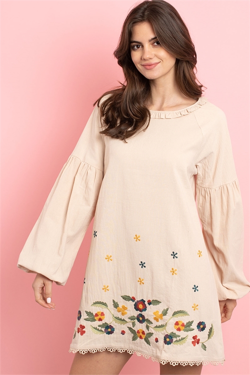 S8-10-2-D42499 BEIGE WITH FLOWER EMBROIDERY DRESS 2-2-2