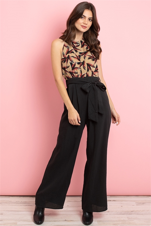 S13-6-3-J3097 TAUPE BLACK WITH LEAVES PRINT JUMPSUIT 2-2-2