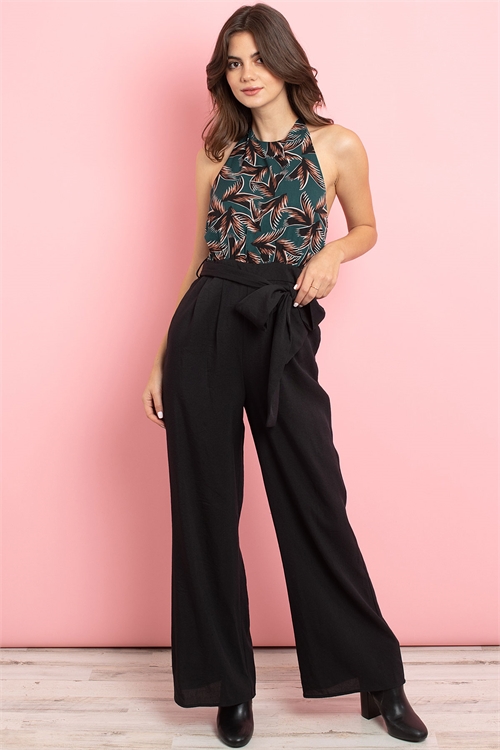 S14-3-3-J3097 HUNTER GREEN BLACK WITH LEAVES PRINT JUMPSUIT 2-2-2