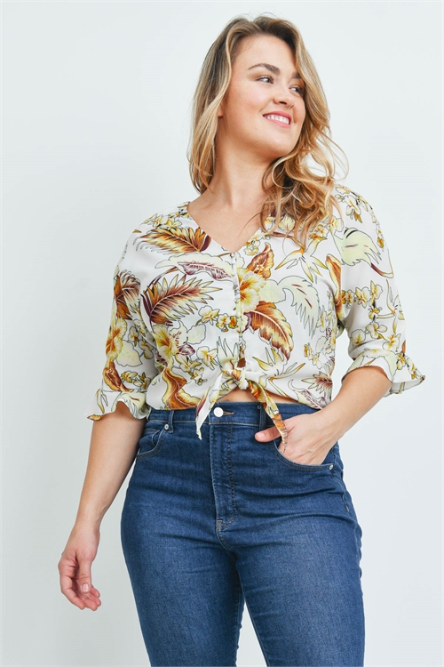 S16-9-1-T20936X OFF WHITE WITH LEAVES PRINT PLUS SIZE TOP 2-2-2