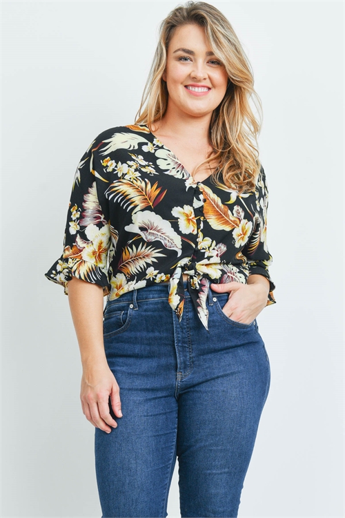 S16-9-1-T20936X BLACK WITH LEAVES PRINT PLUS SIZE TOP 2-2-2