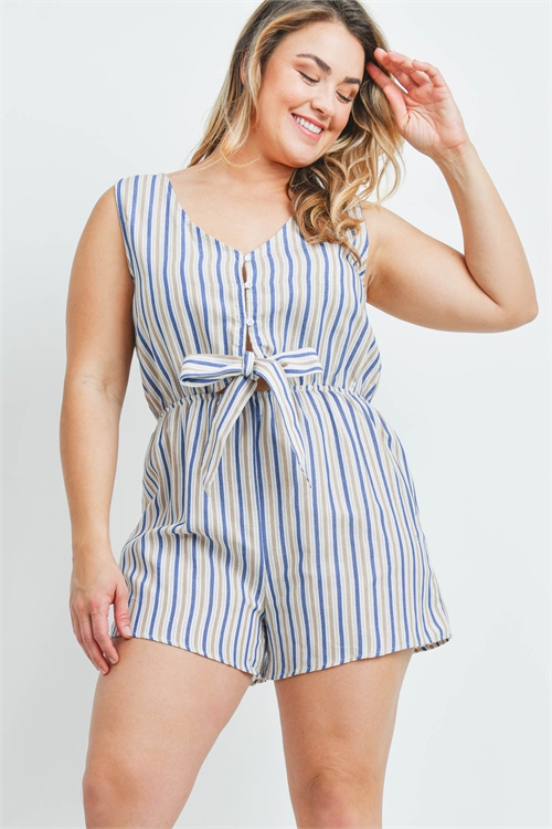 S16-11-2-R21255X BLUE TAUPE STRIPES PLUS SIZE ROMPER 2-2-2