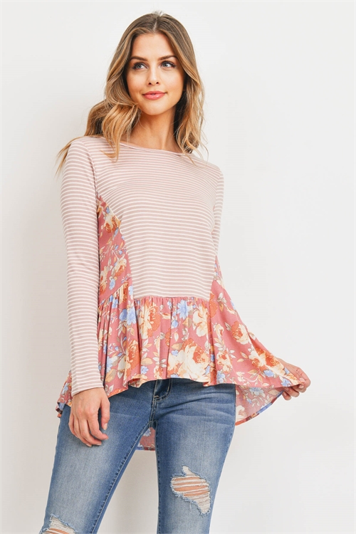 C68-A-1-T71827 MAUVE FLORAL STRIPES TOP 2-2-2