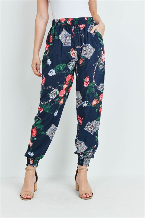 SA3-4-3-P7149 NAVY RED PRINT PANTS 2-2-2