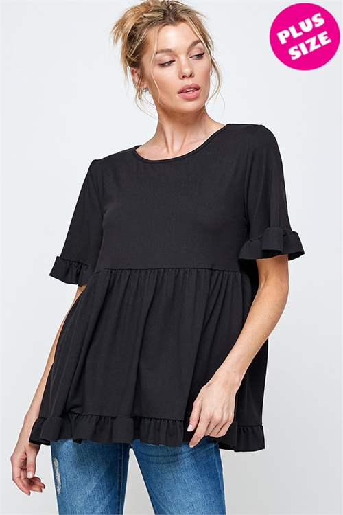 C36-A-2-WT2416X BLACK SHORT SLEEVE RUFFLED EDGE & HEM ROUND NECK TUNIC PLUS SIZE TOP 2-2-2