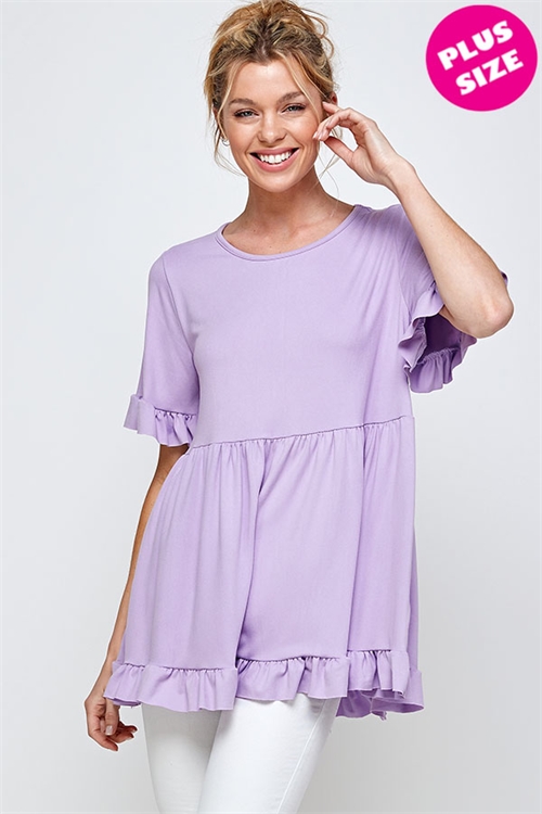 C36-A-2-WT2416X LILAC SHORT SLEEVE RUFFLED EDGE & HEM ROUND NECK TUNIC PLUS SIZE TOP 2-2-2