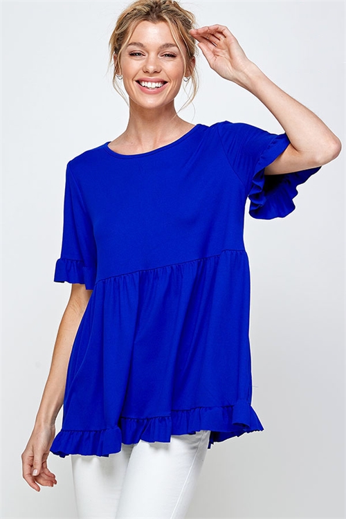 C72-A-2-WT2416 ROYAL SHORT SLEEVE RUFFLED EDGE & HEM ROUND NECK TUNIC TOP 2-2-2