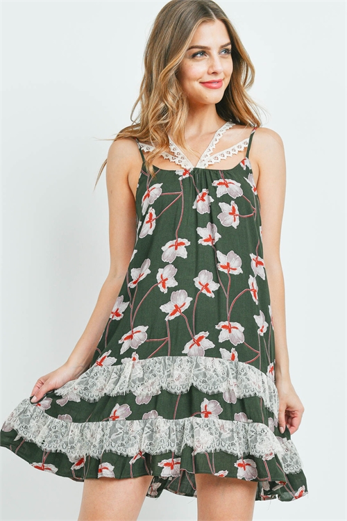 SA3-000-4-D7392 DARK OLIVE WITH FLOWER PRINT DRESS 2-2-2