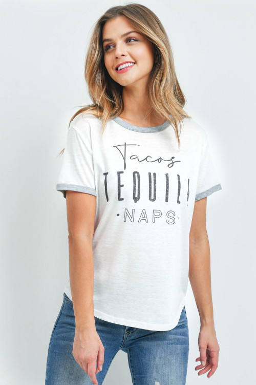 S8-10-2-T701 WHITE "TACOS TEQUILA NAPS" PRINT TOP 2-2-2