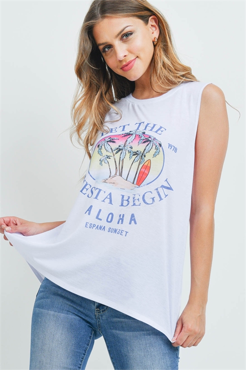 -T776 WHITE "LET THE FIESTA BEGIN ALOHA ESPANA SUNSET EST. 1978" PRINT TOP 2-2-2