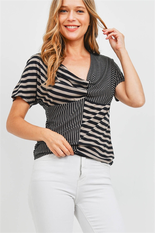 C64-A-1-T2731 BLACK TAUPE STRIPES TOP 2-2-2