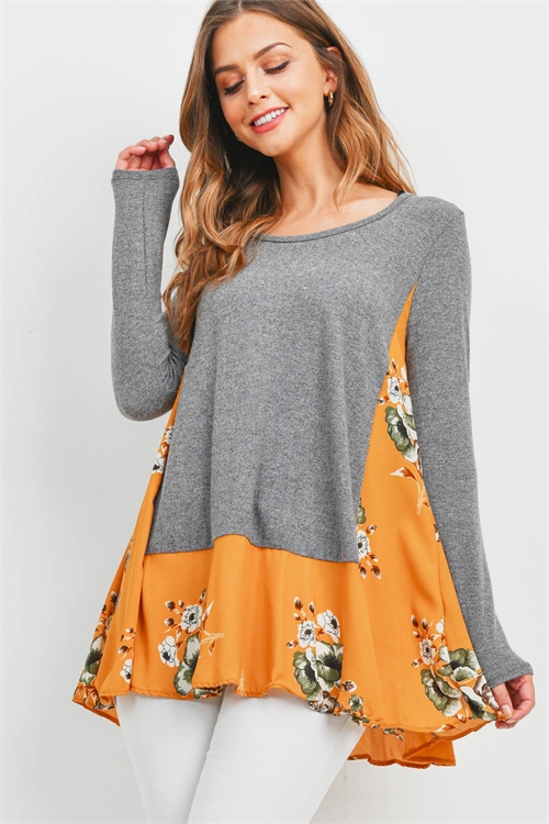C74-A-1-TD71994-SW619 GRAY MUSTARD FLORAL TOP 2-2-3