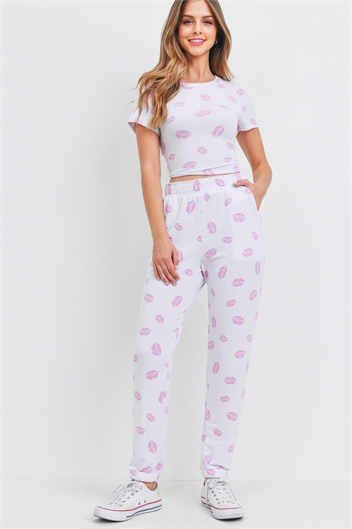 C80-A-2-SET4473 WHITE PINK LIPS PRINT TOP & PANTS SET 3-2-1