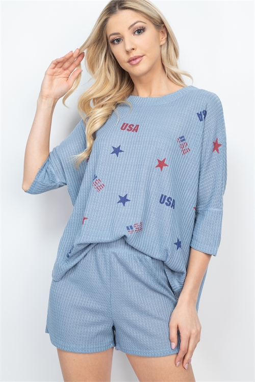 S15-5-5-SET838 BLUE "USA & STAR" PRINT TOP & SHORT SET 2-2-2